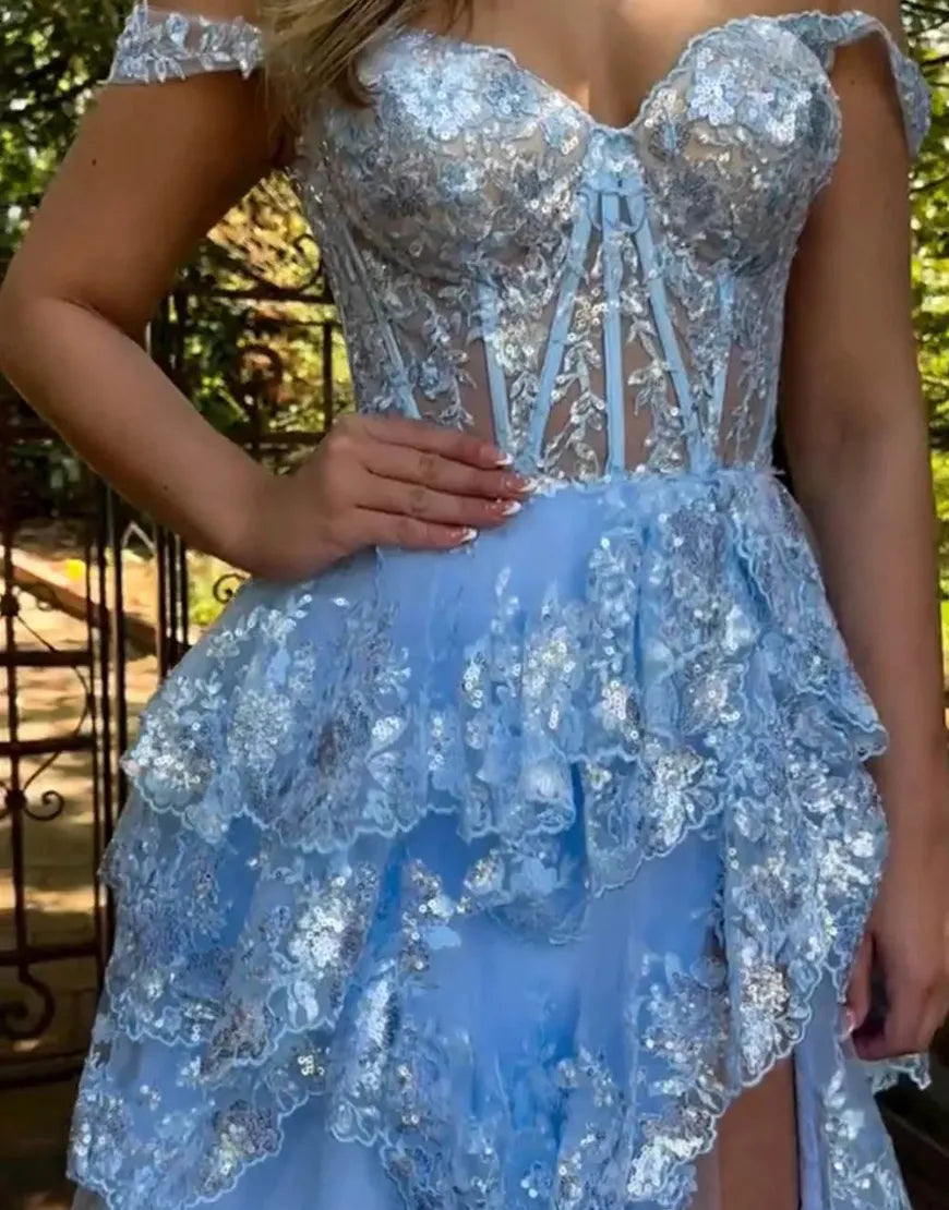 Wholesale Charming A-Line Sweep Train Long Tiered Prom Dress With Split long prom dresses with sleeves